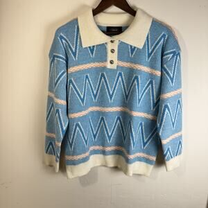 CIDER Sweater XL Blue Zigzag Knit Polo Long Sleeve Retro Button Collar Top